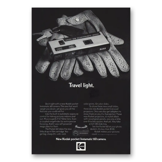 1972 Kodak Instamatic Camera Travel Light Driving Gloves Vintage Magazine Print Ad