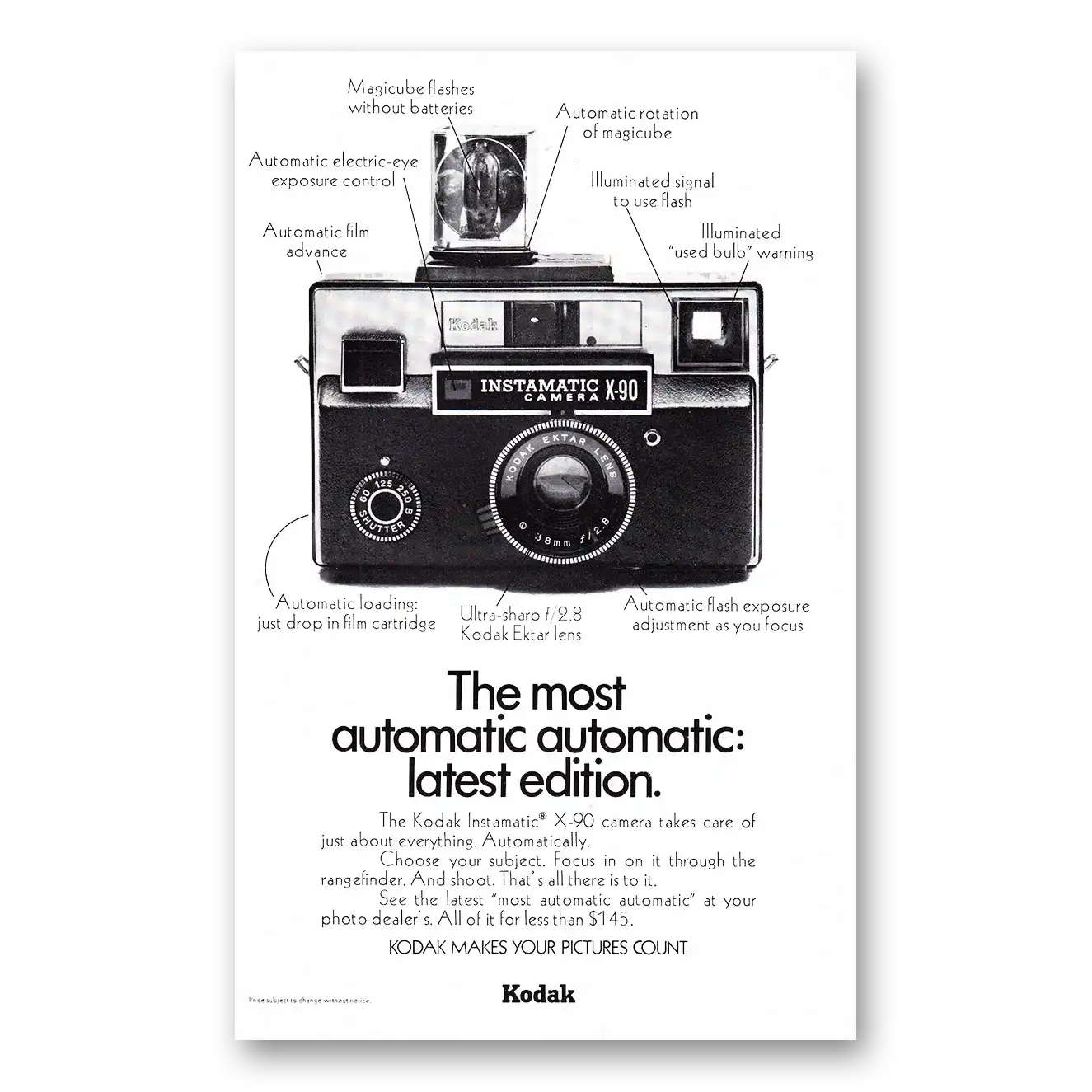 1972 Kodak Instamatic Camera Most Automatic Vintage Magazine Print Ad