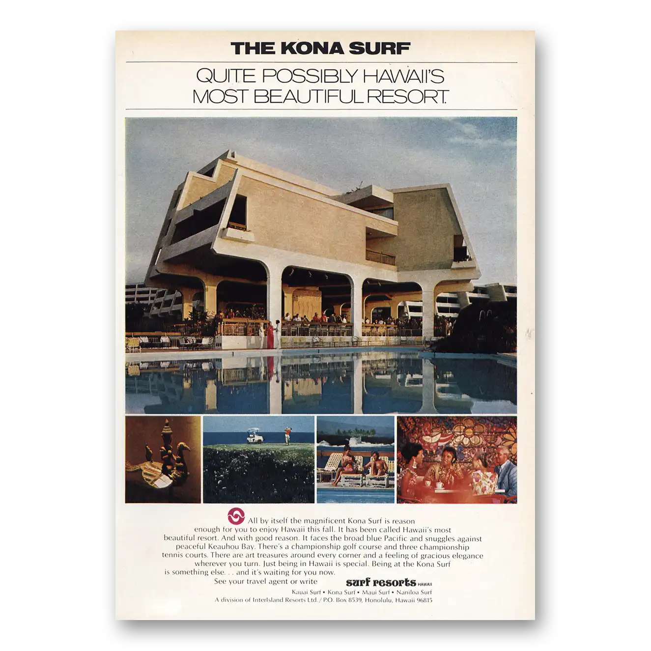 1972 Kona Surf Hotel Most Beautiful Resort Vintage Magazine Print Ad