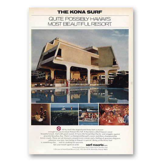 1972 Kona Surf Hotel Most Beautiful Resort Vintage Magazine Print Ad