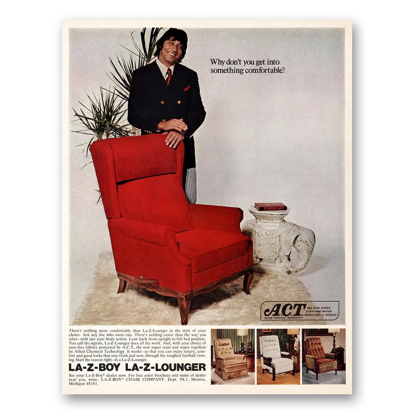 1972 La Z Boy Lounger Joe Namath Something Comfortable Vintage Magazine Print Ad