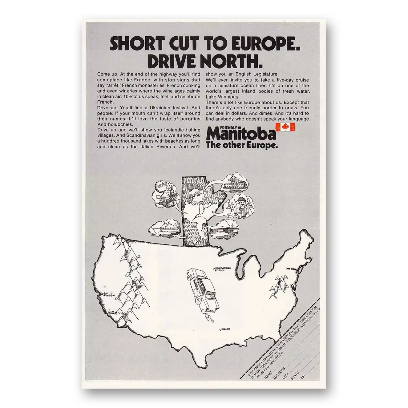 1972 Manitoba Canada Short Cut to Europe Vintage Magazine Print Ad