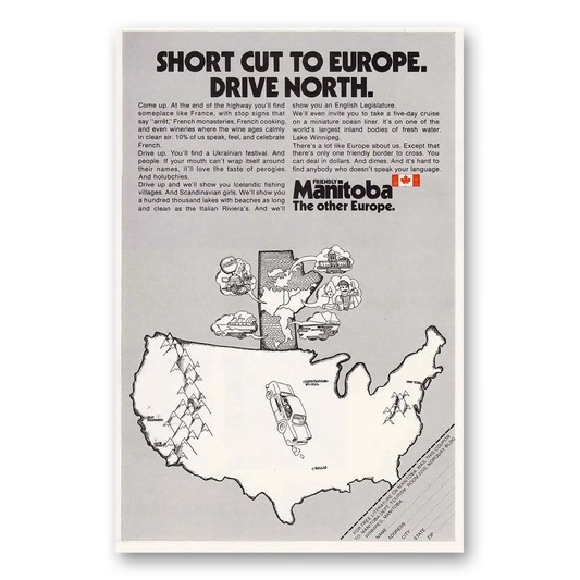 1972 Manitoba Canada Short Cut to Europe Vintage Magazine Print Ad