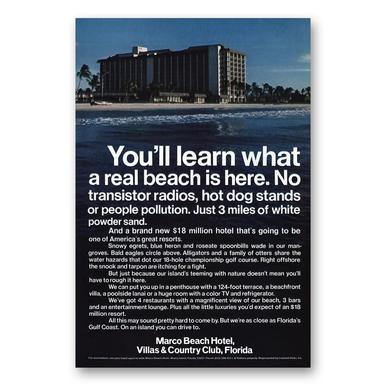 1972 Marco Beach Hotel Learn What a Real Beach Is Here Vintage Magazine Print Ad