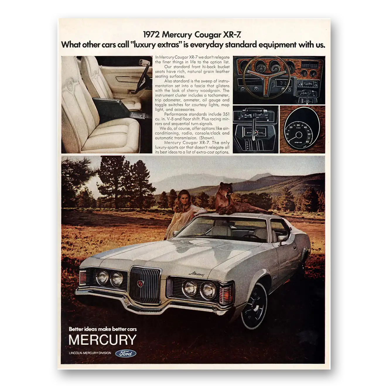 1972 Mercury Cougar Luxury Extras Standard Equipment Vintage Magazine Print Ad