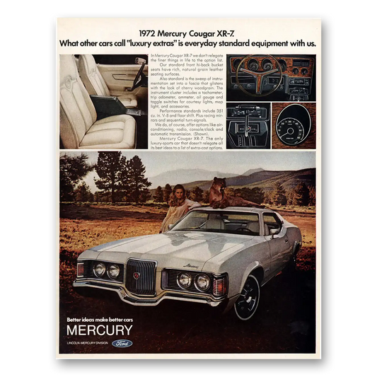 1972 Mercury Cougar Luxury Extras Standard Equipment Vintage Magazine Print Ad