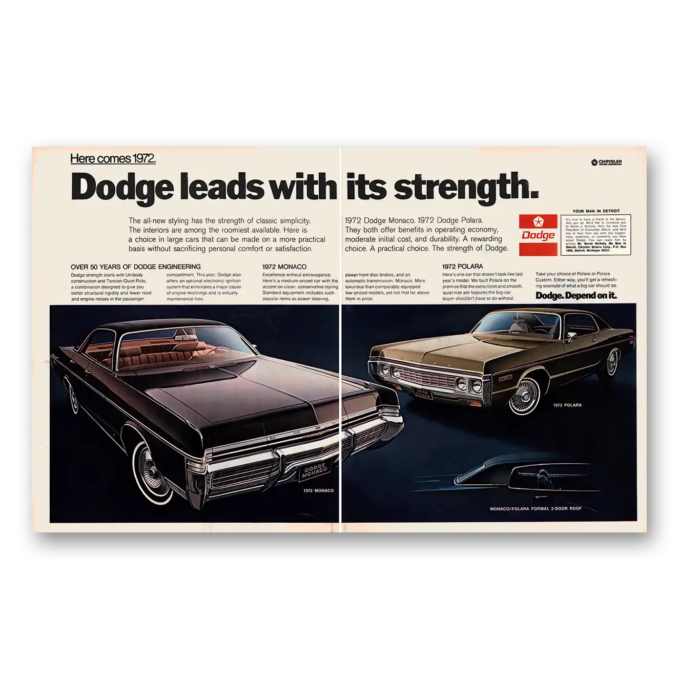 1971 Dodge Monaco Polara Leads With Strength Vintage Magazine Print Ad