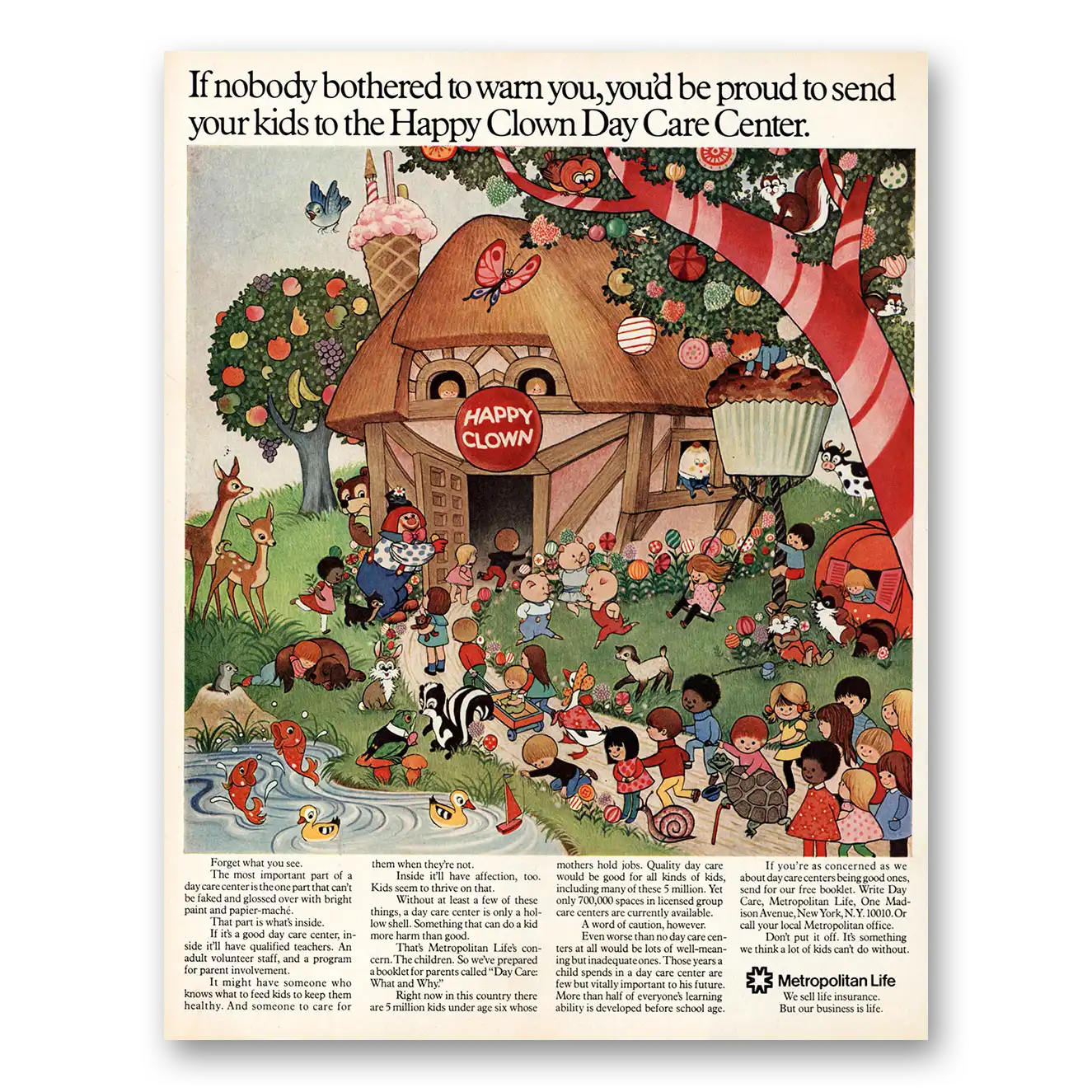 1972 Metropolitan Life Insurance Happy Clown Day Care Center Vintage Magazine Print Ad