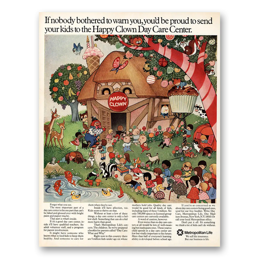 1972 Metropolitan Life Insurance Happy Clown Day Care Center Vintage Magazine Print Ad