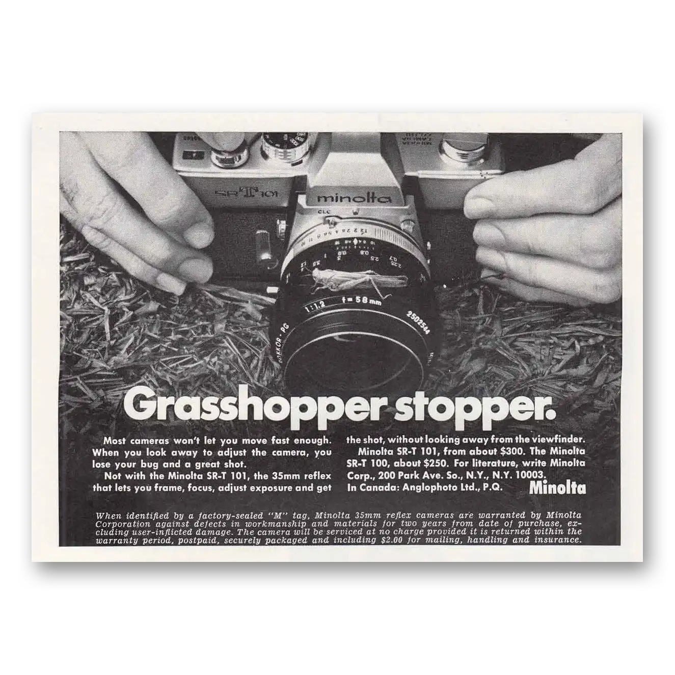 1972 Minolta Camera Grasshopper Stopper Vintage Magazine Print Ad