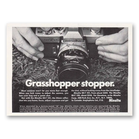 1972 Minolta Camera Grasshopper Stopper Vintage Magazine Print Ad