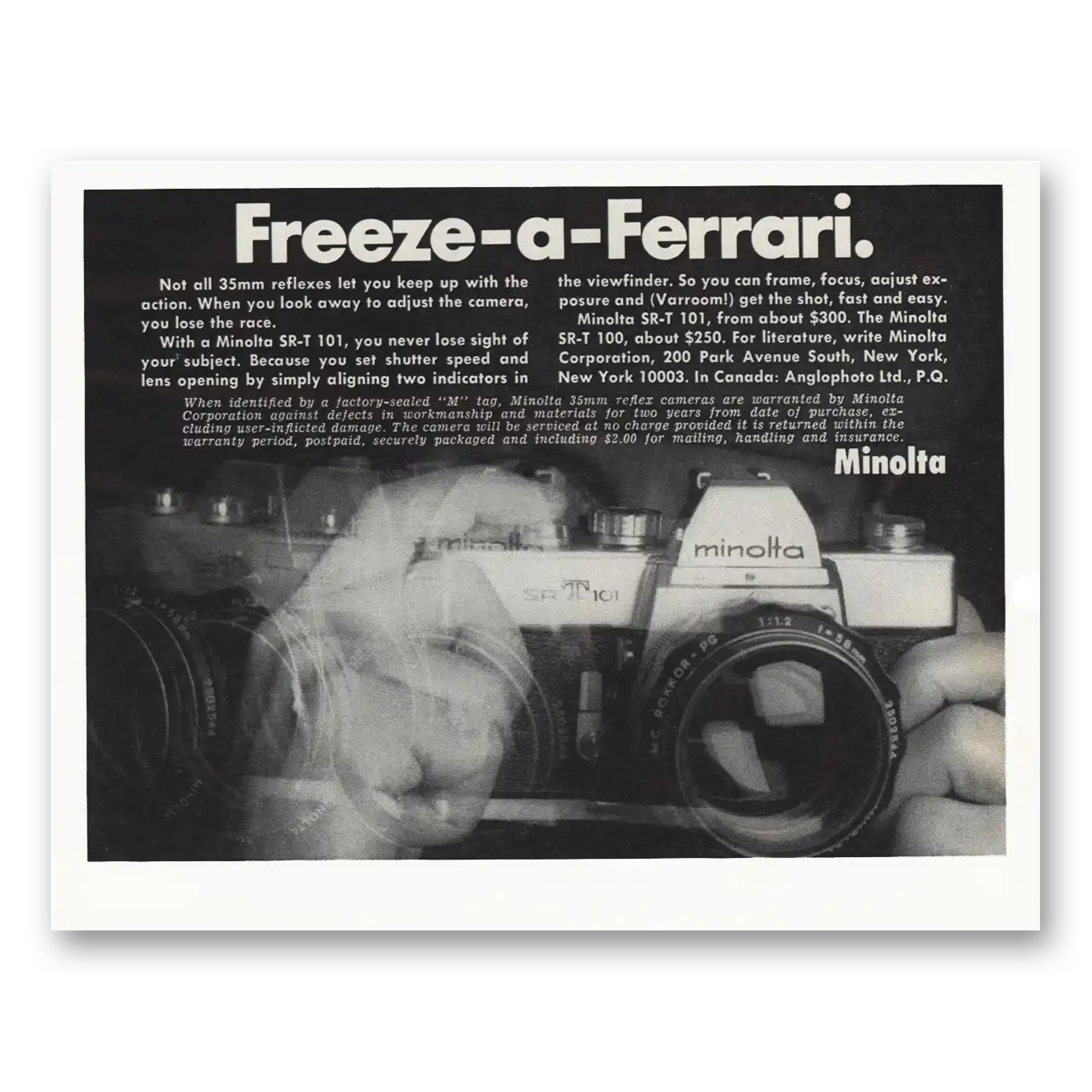 1972 Minolta Camera Freeze a Ferrari Vintage Magazine Print Ad