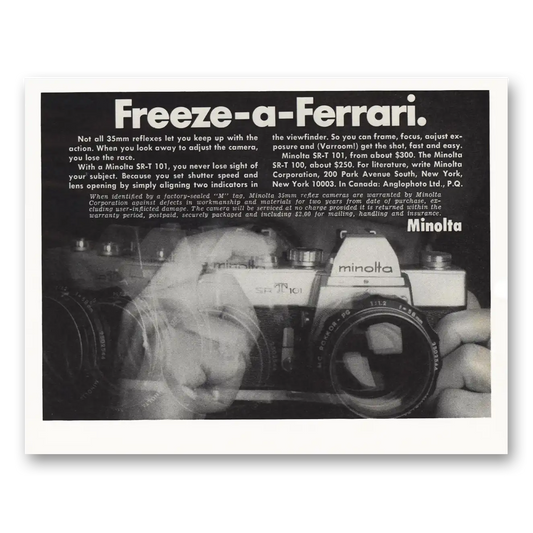 1972 Minolta Camera Freeze a Ferrari Vintage Magazine Print Ad