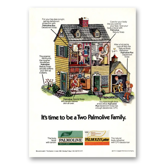 1972 Palmolive Soap Time To Be a Two Palmolive Family Vintage Magazine Print Ad