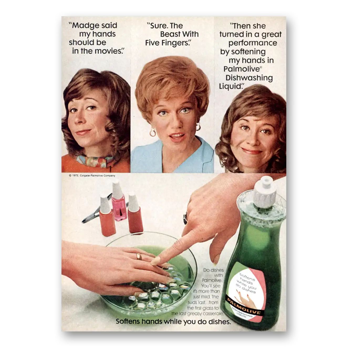 1972 Palmolive Dish Soap Madge Said My Hands Should Be in the Movies Vintage Magazine Print Ad