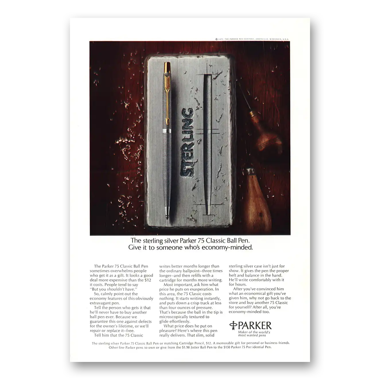 1972 Parker 75 Pen Sterling Vintage Magazine Print Ad