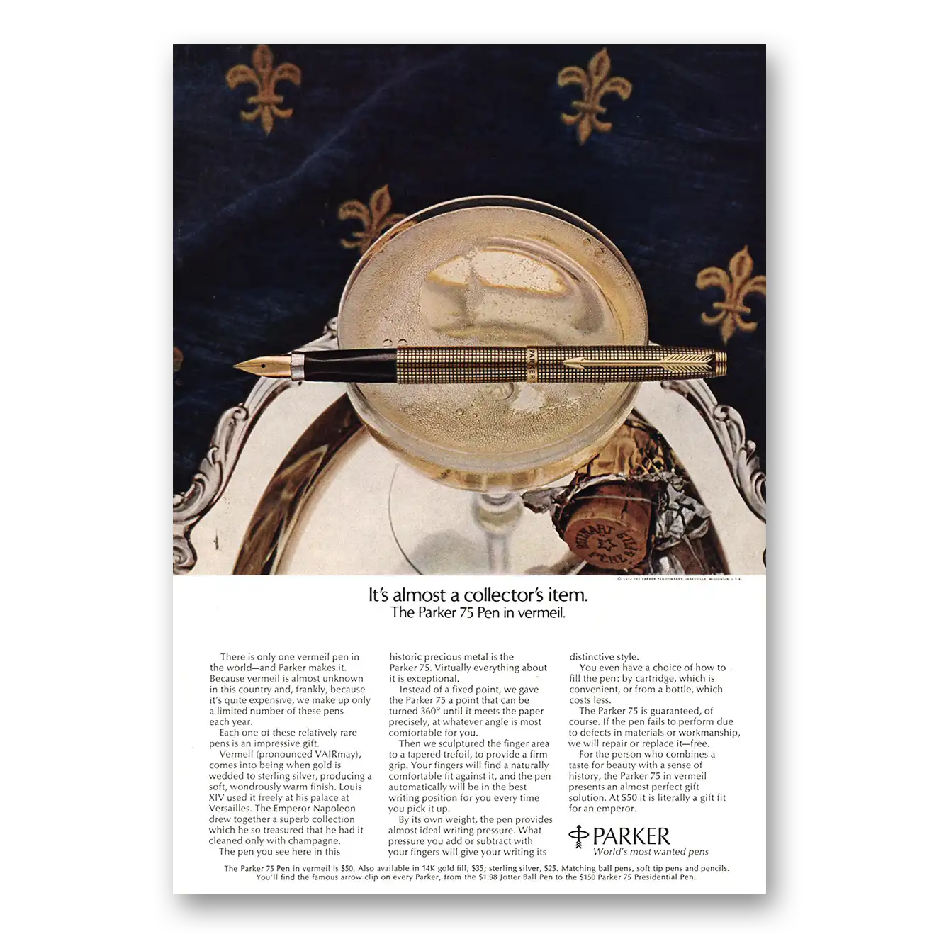 1972 Parker 75 Pen Almost a Collectors Item Vermeil Vintage Magazine Print Ad