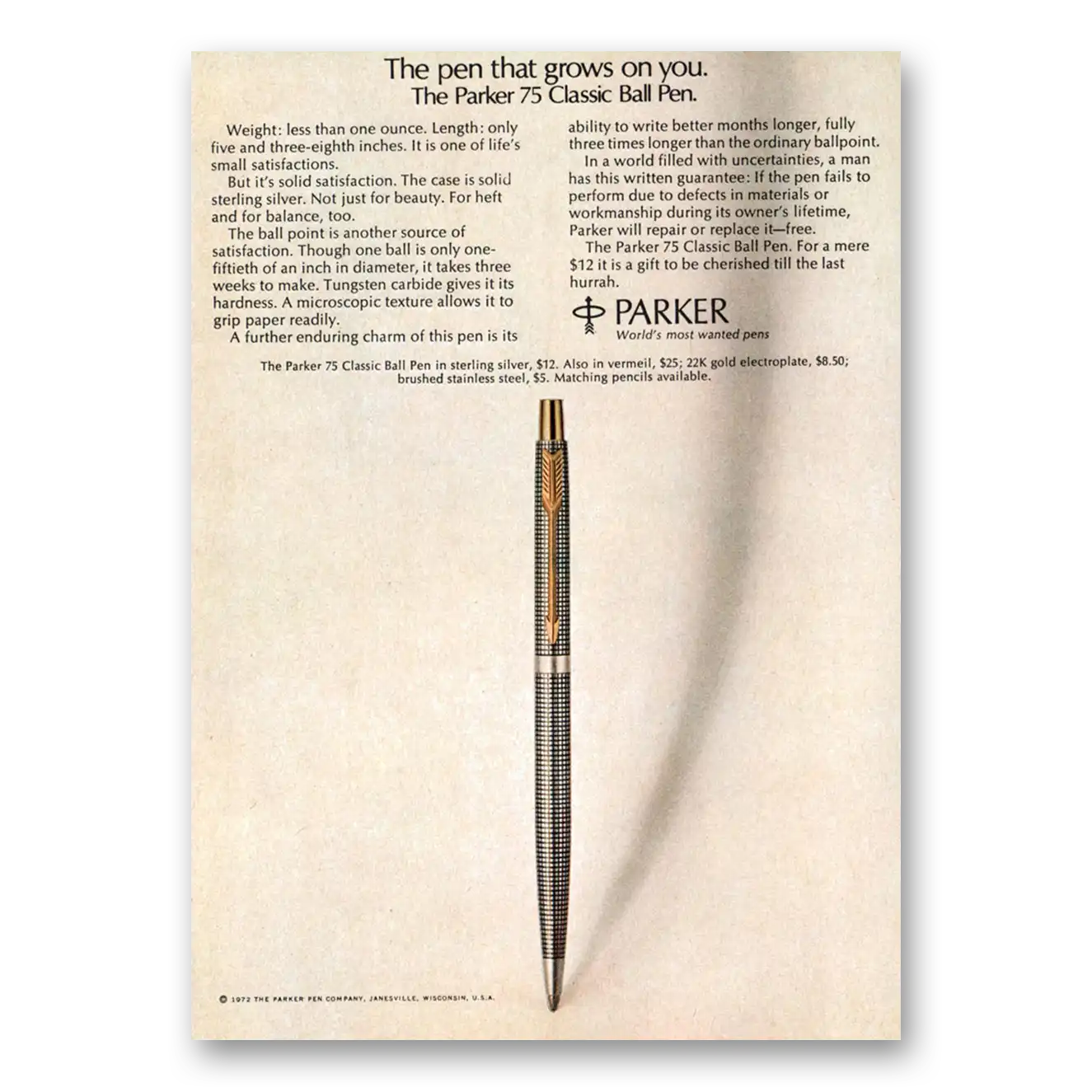 1972 Parker 75 Pen Grows On You Vintage Magazine Print Ad