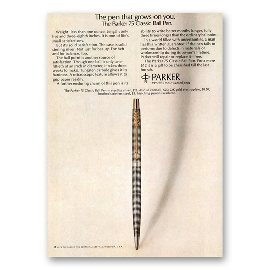 1972 Parker 75 Pen Grows On You Vintage Magazine Print Ad