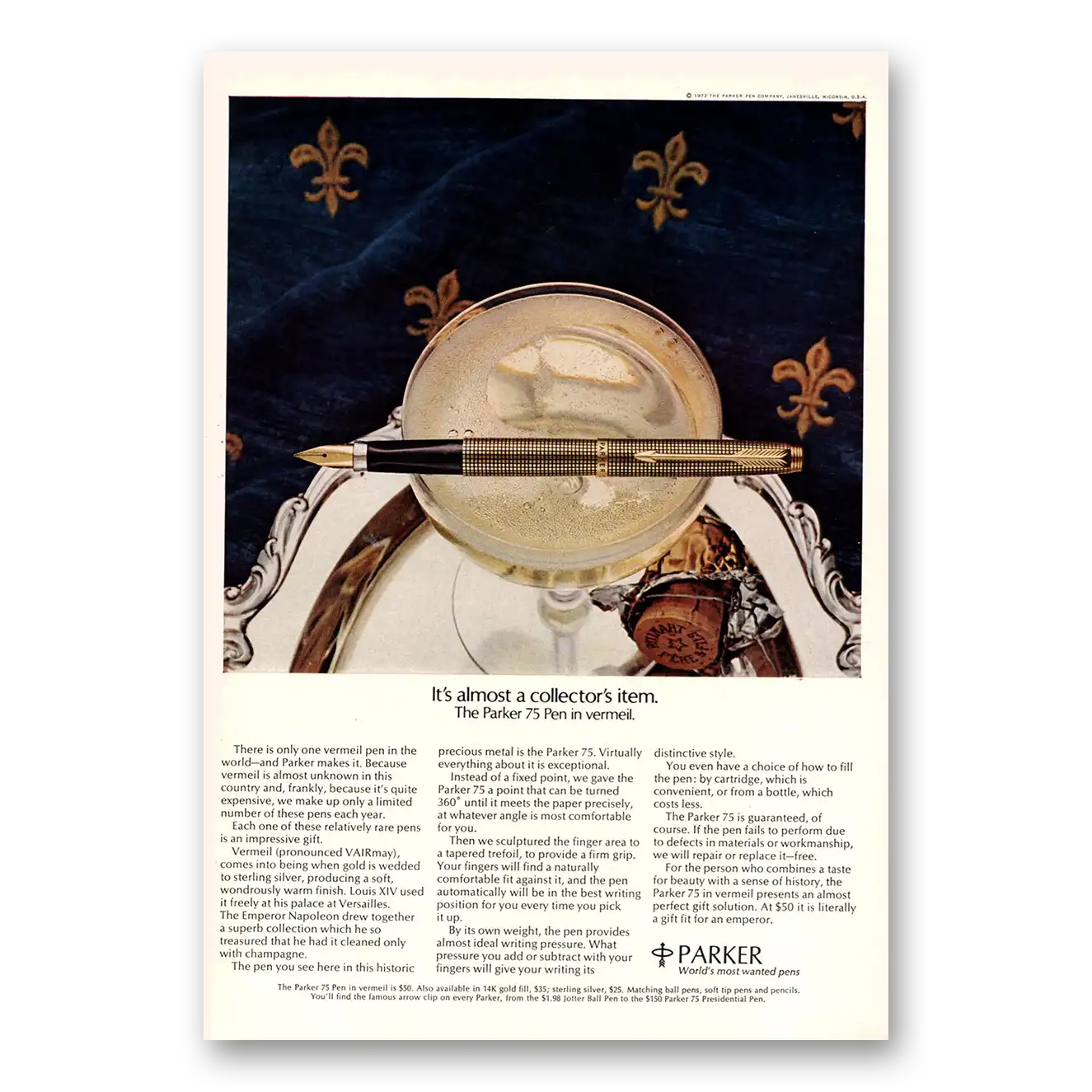 1972 Parker 75 Pen Almost a Collectors Item Vermeil Vintage Magazine Print Ad