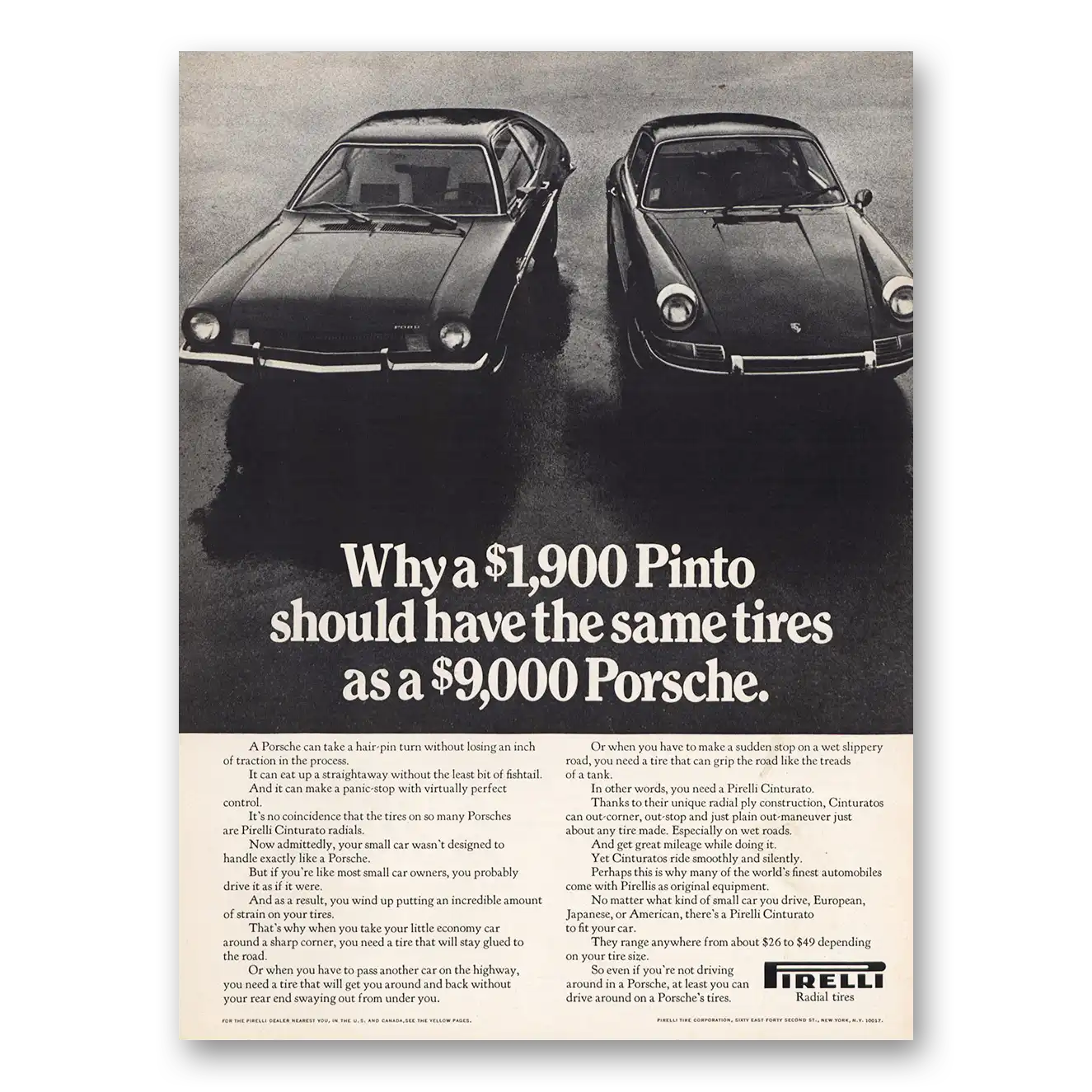 1972 Pirelli Tires Pinto Should Have Same Tires Porsche Vintage Magazine Print Ad