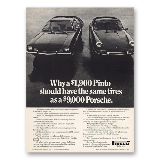 1972 Pirelli Tires Pinto Should Have Same Tires Porsche Vintage Magazine Print Ad