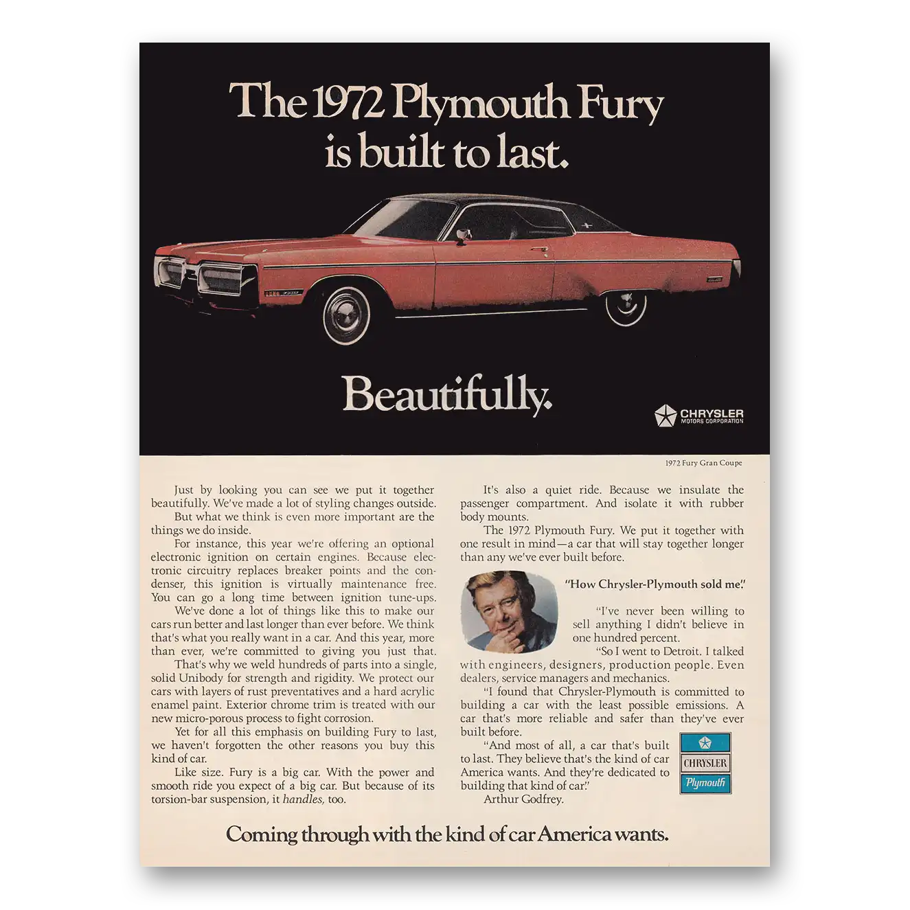 1972 Plymouth Fury Built to Last Beautifully Vintage Magazine Print Ad