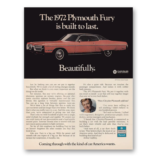 1972 Plymouth Fury Built to Last Beautifully Vintage Magazine Print Ad