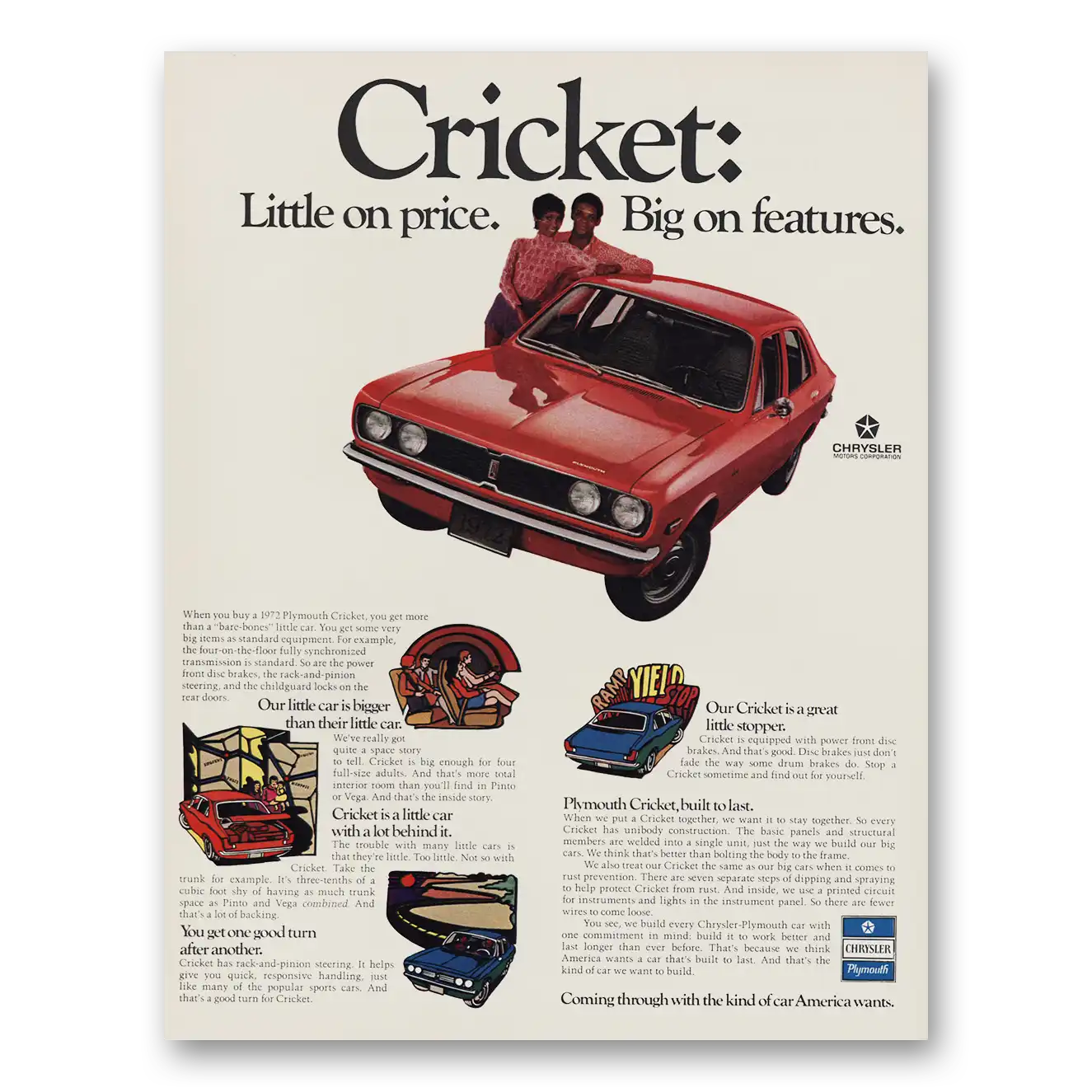 1971 Plymouth Cricket Little On Price Big On Features Vintage Magazine Print Ad