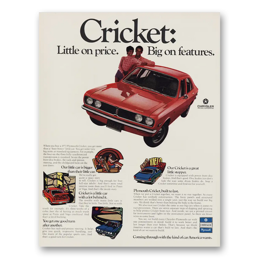 1971 Plymouth Cricket Little On Price Big On Features Vintage Magazine Print Ad