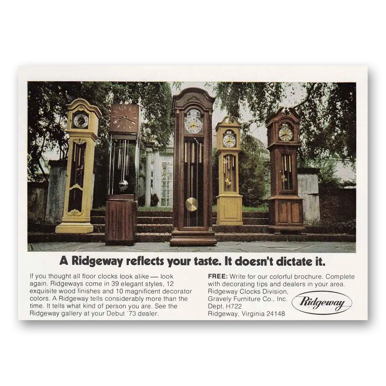 1972 Ridgeway Clocks Reflects Your Taste Vintage Magazine Print Ad