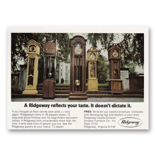 1972 Ridgeway Clocks Reflects Your Taste Vintage Magazine Print Ad