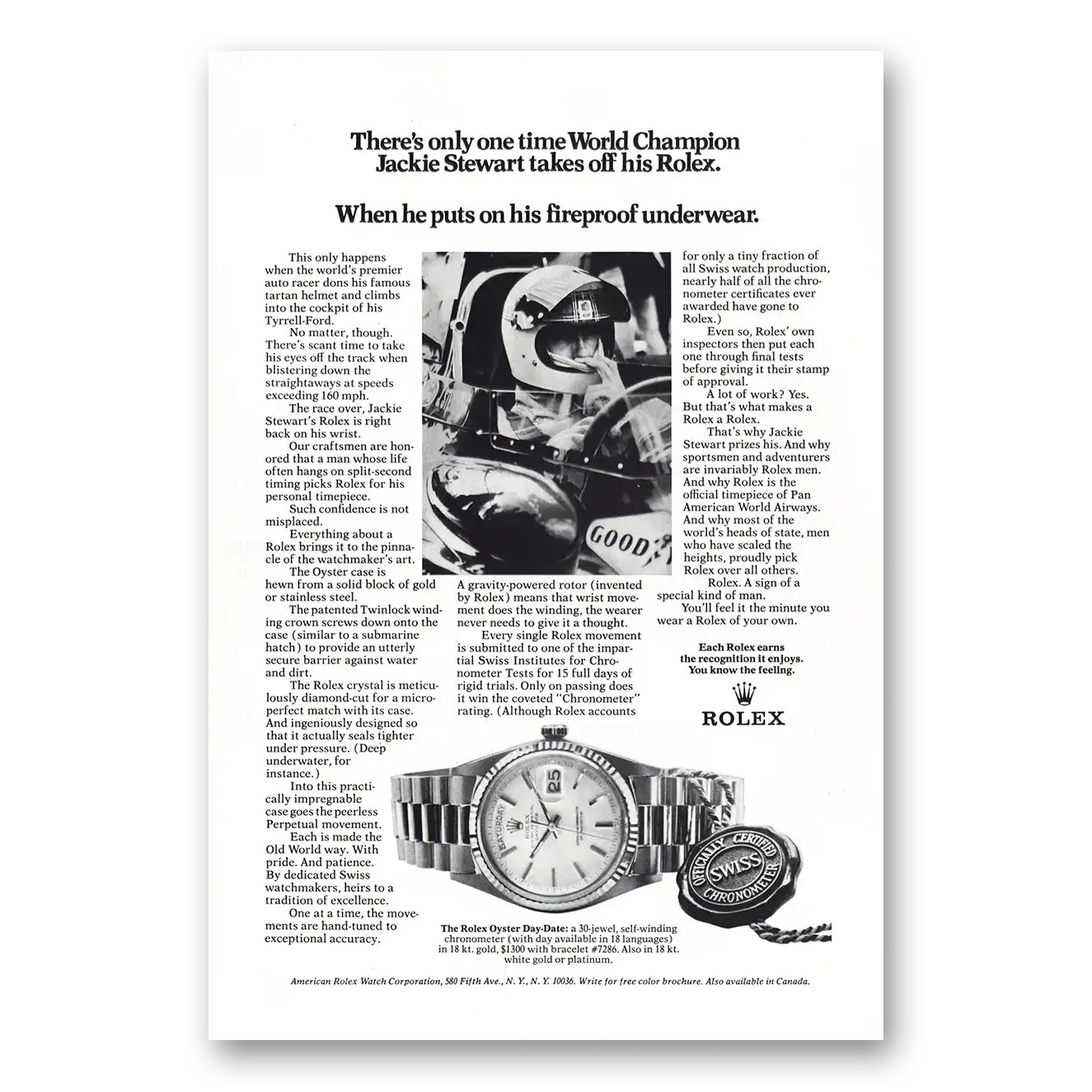 1972 Rolex Jackie Stewart Fireproof Underwear Vintage Magazine Print Ad