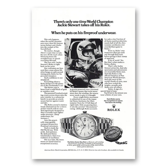 1972 Rolex Jackie Stewart Fireproof Underwear Vintage Magazine Print Ad