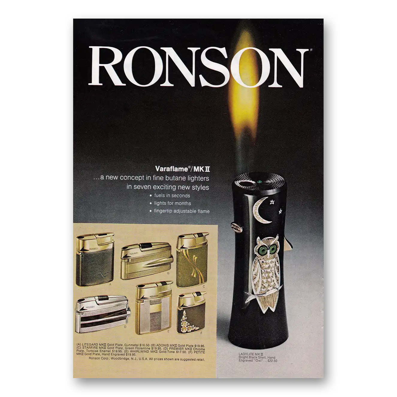 1972 Ronson Lighters Veraflame MKII Butane Lighters Vintage Magazine Print Ad