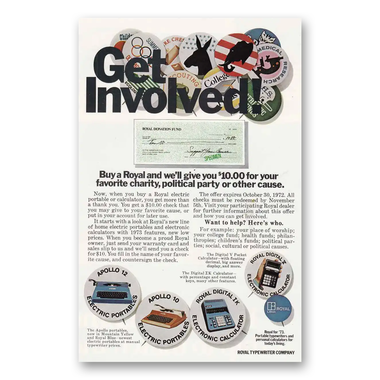 1972 Royal Typewriter Get Involved Pins Vintage Magazine Print Ad