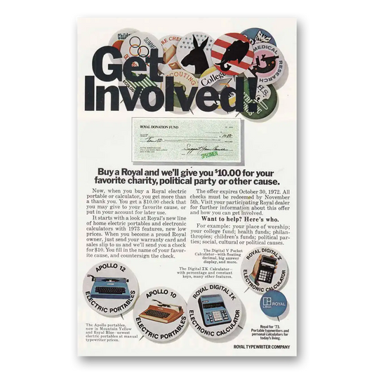 1972 Royal Typewriter Get Involved Pins Vintage Magazine Print Ad