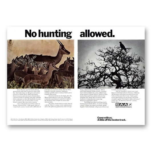 1972 South African Airways No Hunting Allowed Vintage Magazine Print Ad