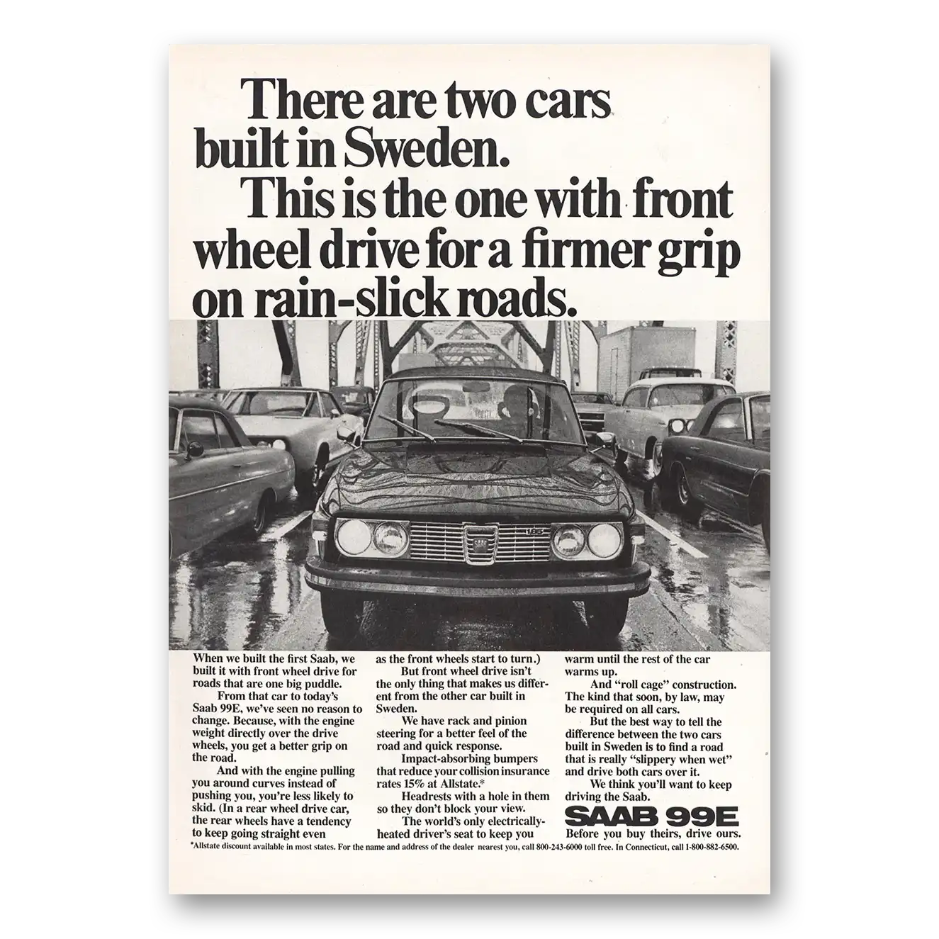 1972 Saab Firmer Grip Rain Slick Roads Vintage Magazine Print Ad