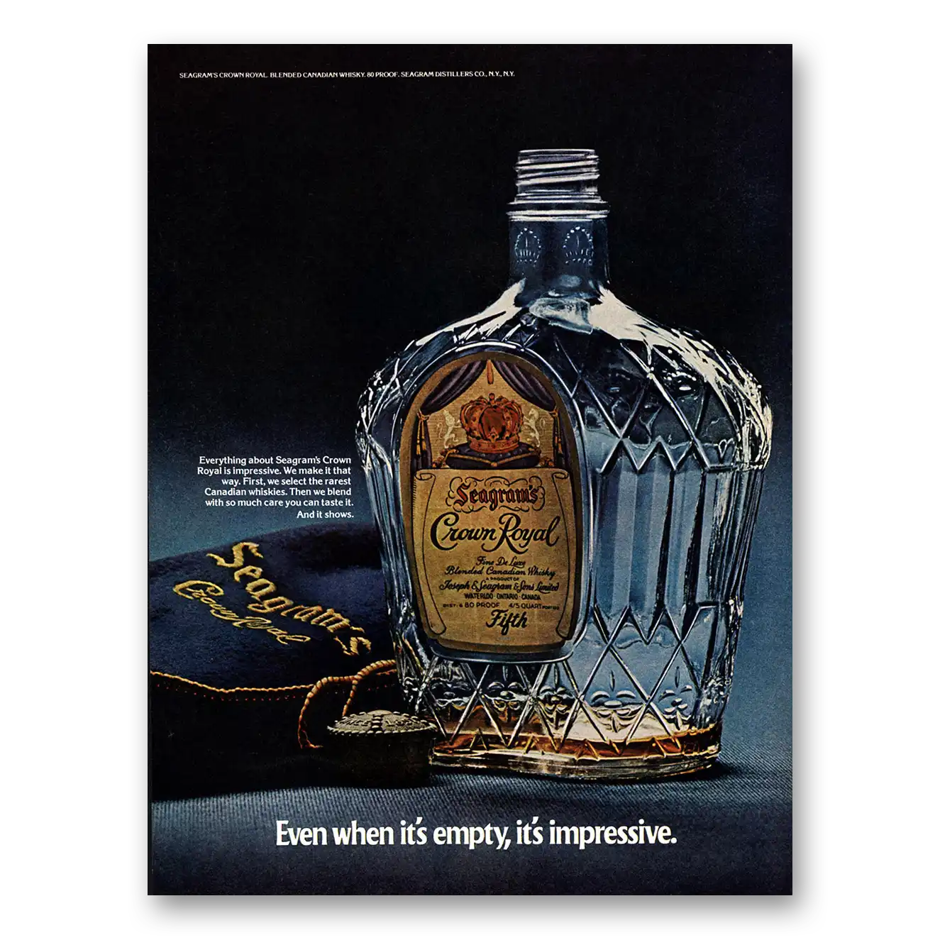 1972 Crown Royal Even When Its Empty Vintage Magazine Print Ad