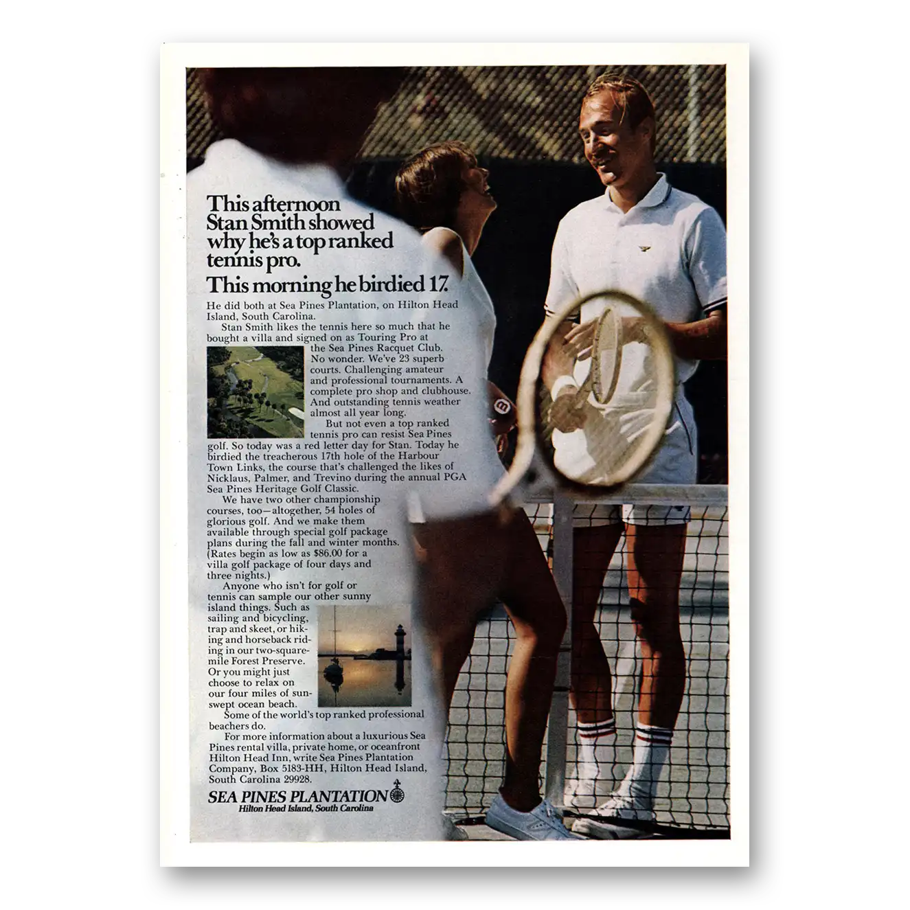 1972 Sea Pines Plantation Stan Smith Top Ranked Tennis Pro Vintage Magazine Print Ad