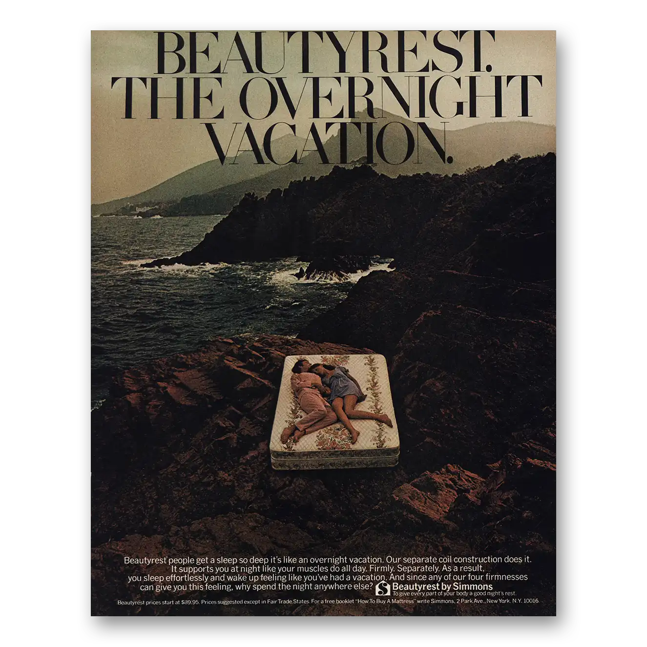 1972 Simmons Beautyrest Overnight Vacation Vintage Magazine Print Ad