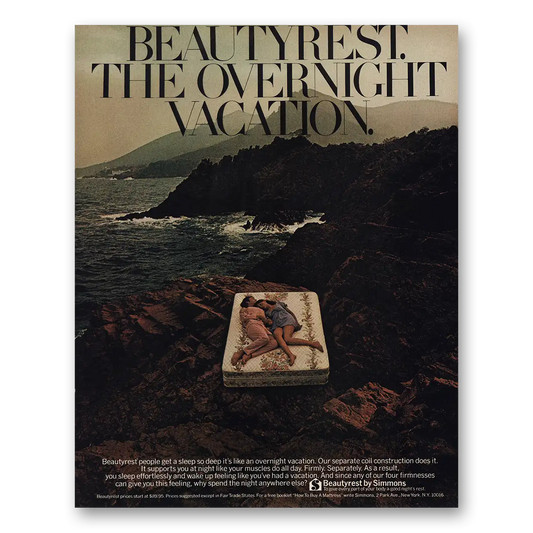 1972 Simmons Beautyrest Overnight Vacation Vintage Magazine Print Ad