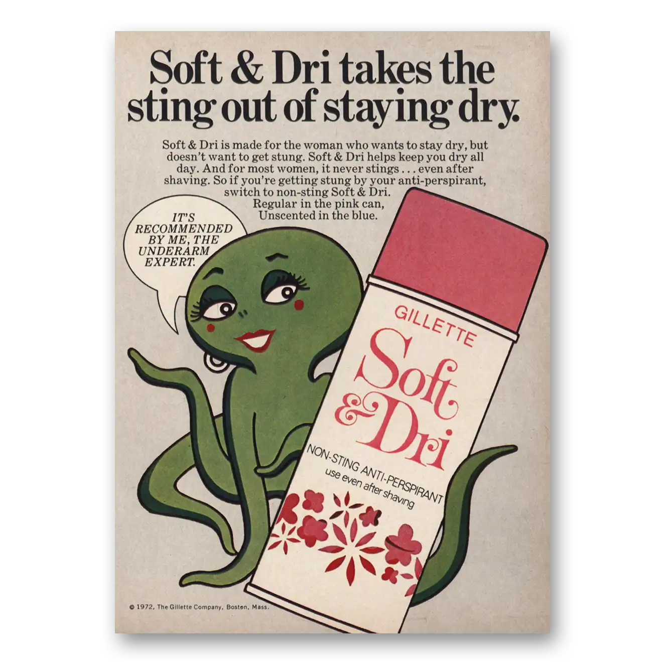 1972 Gillette Soft & Dri Takes the Sting Out of Staying Dry Vintage Magazine Print Ad