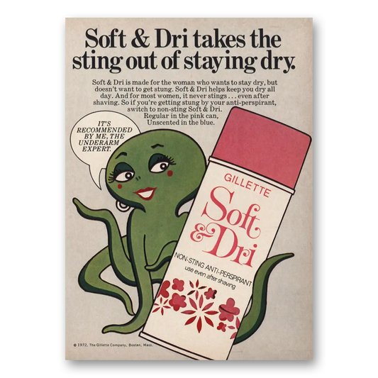 1972 Gillette Soft & Dri Takes the Sting Out of Staying Dry Vintage Magazine Print Ad