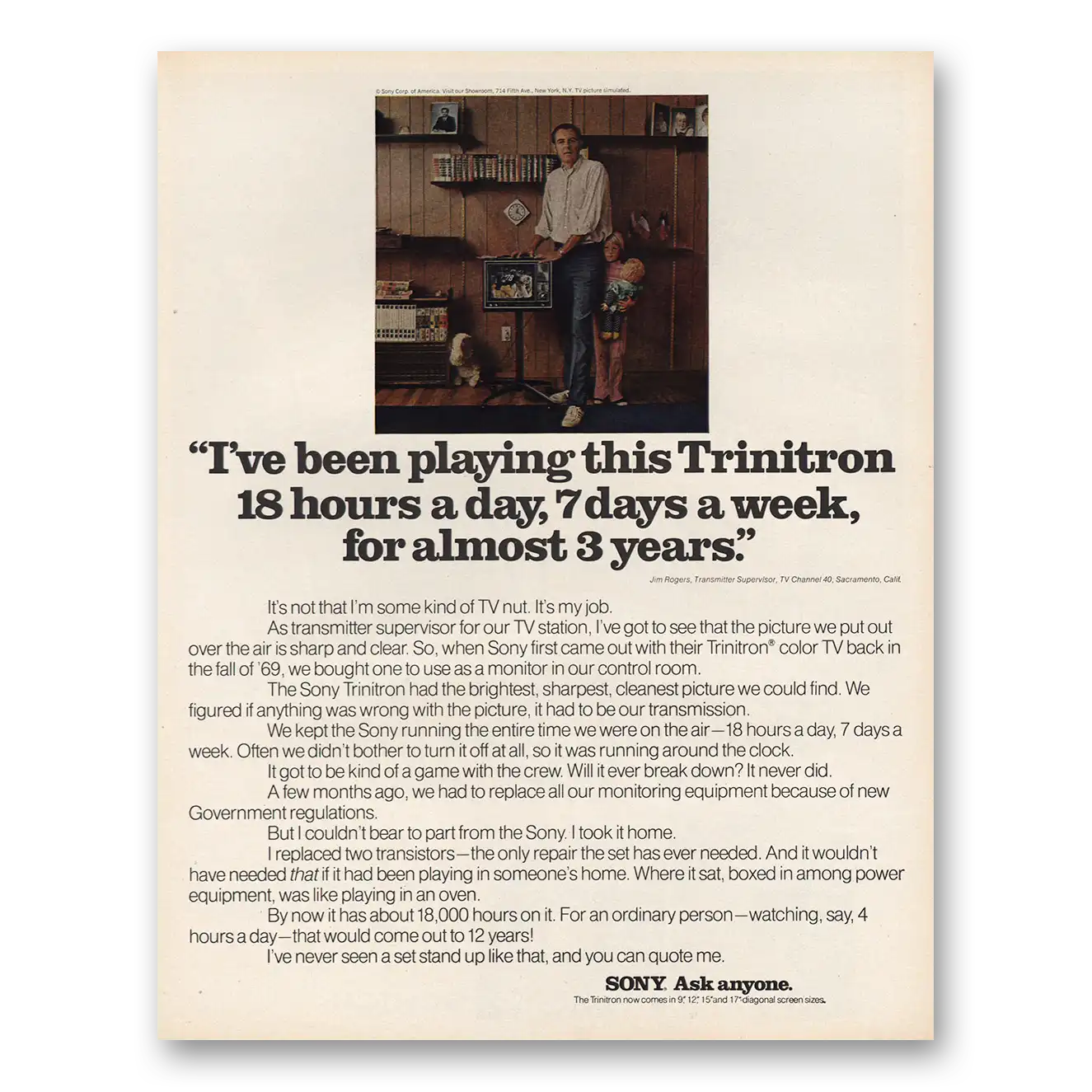 1972 Sony Trinitron Playing This 18 Hours a Day Vintage Magazine Print Ad