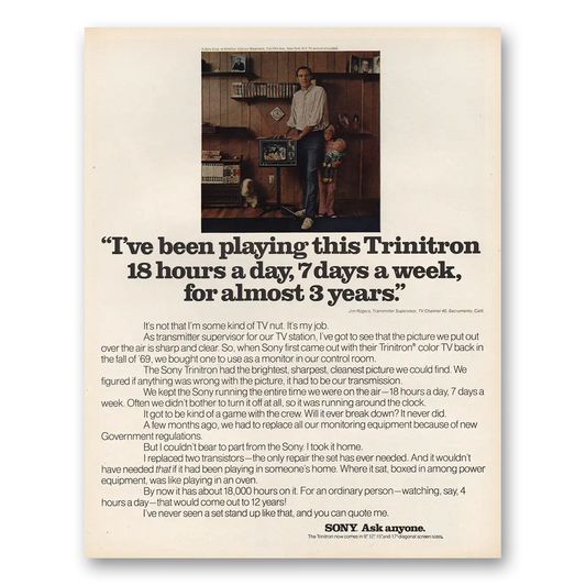 1972 Sony Trinitron Playing This 18 Hours a Day Vintage Magazine Print Ad