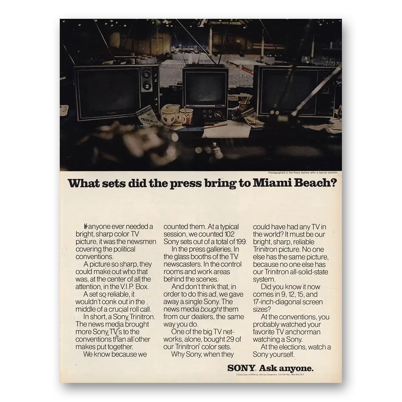 1972 Sony Television What Sets Did Press Bring to Miami Beach Vintage Magazine Print Ad