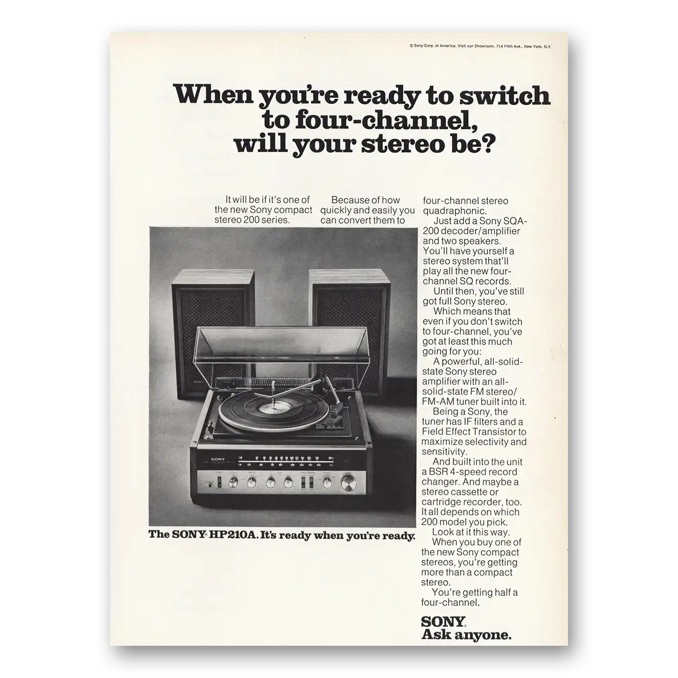 1972 Sony Stereo Ready to Switch to Four Channel Vintage Magazine Print Ad