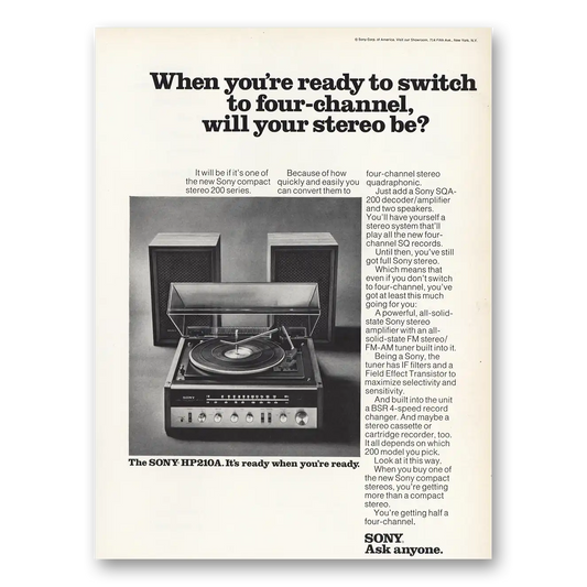 1972 Sony Stereo Ready to Switch to Four Channel Vintage Magazine Print Ad